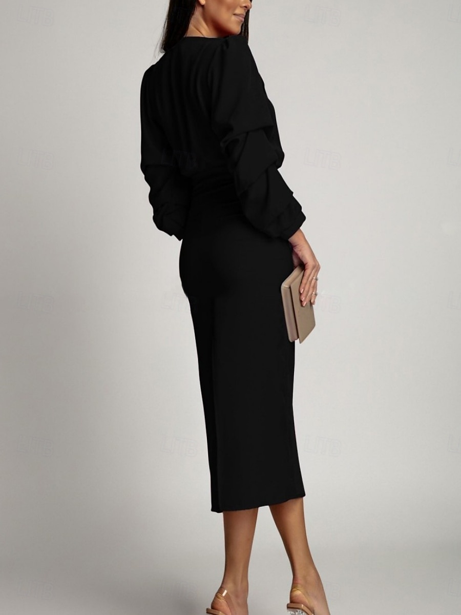 Női Midi ruha Bodycon ruha Félig hivatalos ruhák Iroda Normál Sima Hosszú ujj V-alakú Fekete Lóhere Nyár 2025 - $32.99 –P6