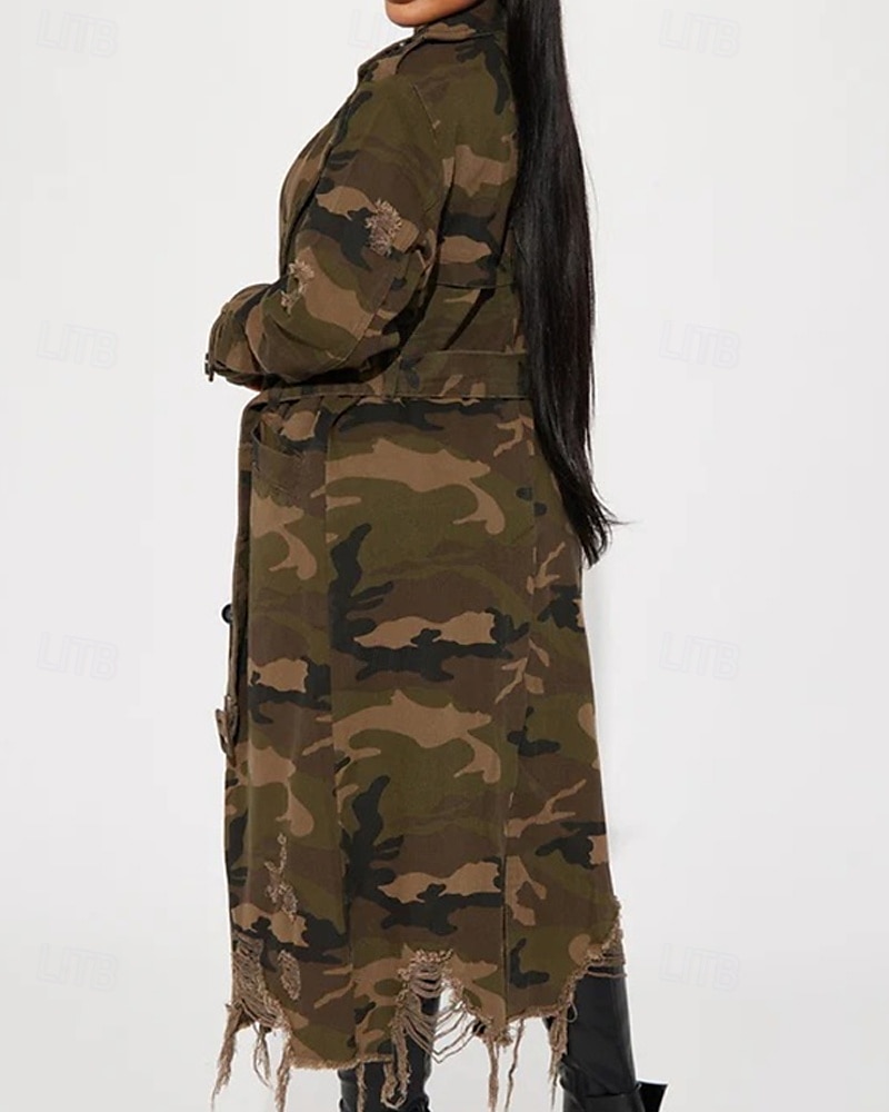 Damen Trenchcoat Bequem Knöpfe Tasche Modern Streetstyle Tarnung Outdoor Ausgehen Einreihig Lang Umlegekragen Normale Passform Langarm Oberbekleidung Hellgrün Dunkelgrün Herbst Winter 2025 - $46.99 –P3
