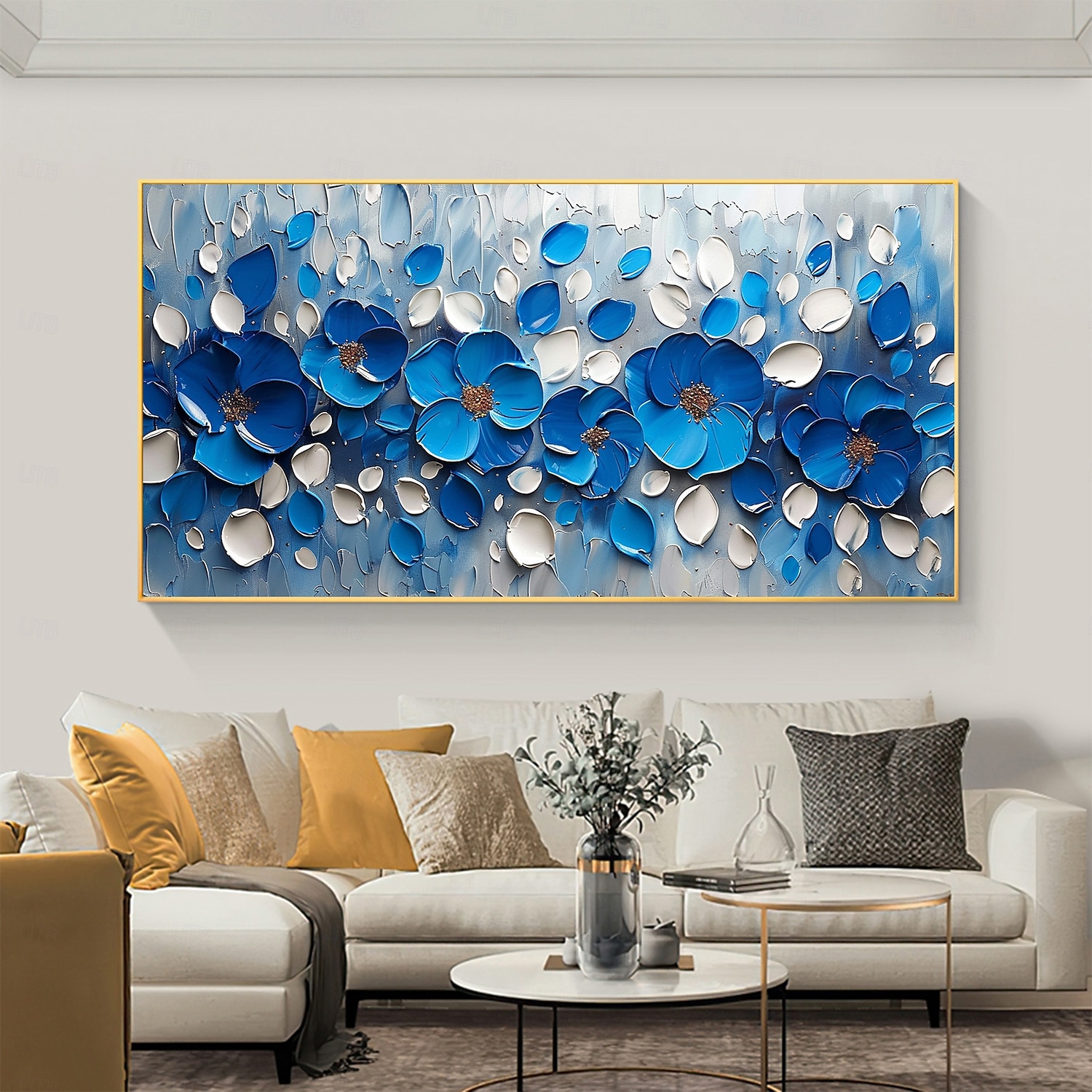 Pintura a óleo texturizada floral azul original feita à mão sobre tela abstrata com flores para decoração de parede com moldura esticada sem moldura interna de 2025 por $170.99 –P4