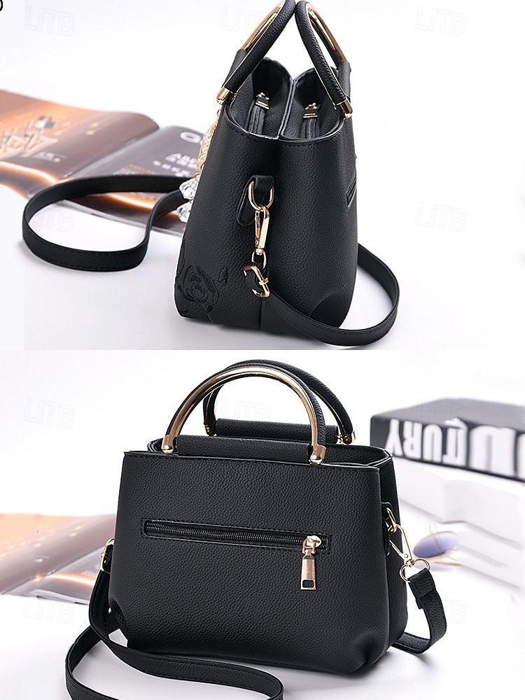 Women's Embroidered Rose Tote Bag with Gold Top Handle and Shoulder Strap - Elegant Faux Leather Crossbody Bag for Commuter, Leisure and Weekend Outings 2025 - $26.99 –P5