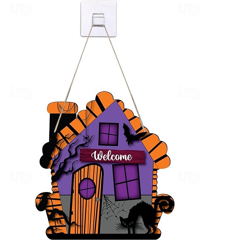 Деревянная вешалка на дверь с надписью «Добро пожаловать на Хэллоуин», фиолетовая вывеска с изображением дома с привидениями и кошки, жуткий венок на входную дверь для декора на Хэллоуин 2025 - $9.99 –P7