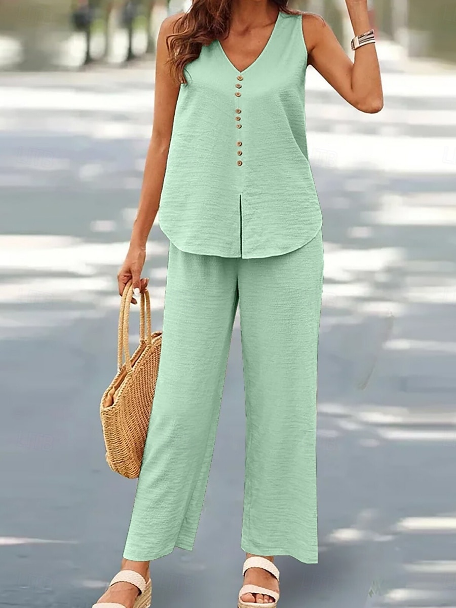 Femmes Mode Streetwear Quotidien Ensembles de Pantalons Sans manches Col en V Uni Occasionnel Quotidien Noir bleu marine Vert Été Coupe Ample de 2025 ? $28.99 –P7