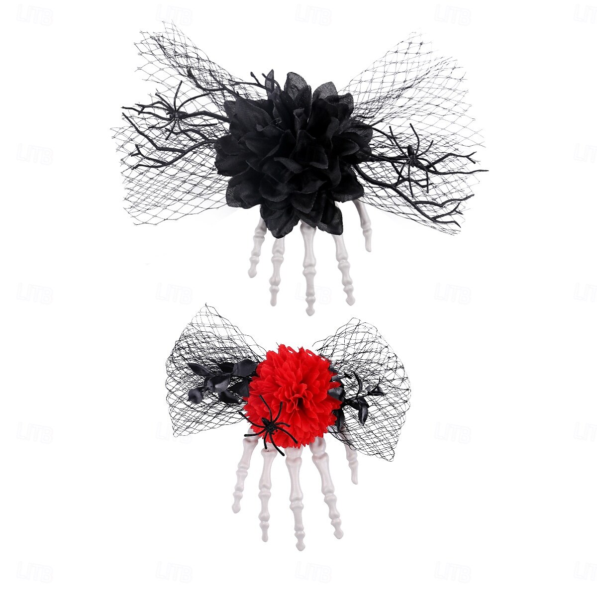 Fermaglio per capelli a forma di teschio di Halloween con osso e rosa, fermaglio laterale in rete spettrale, accessorio per capelli unico per costumi da festa del 2025 a $6.99 –P8