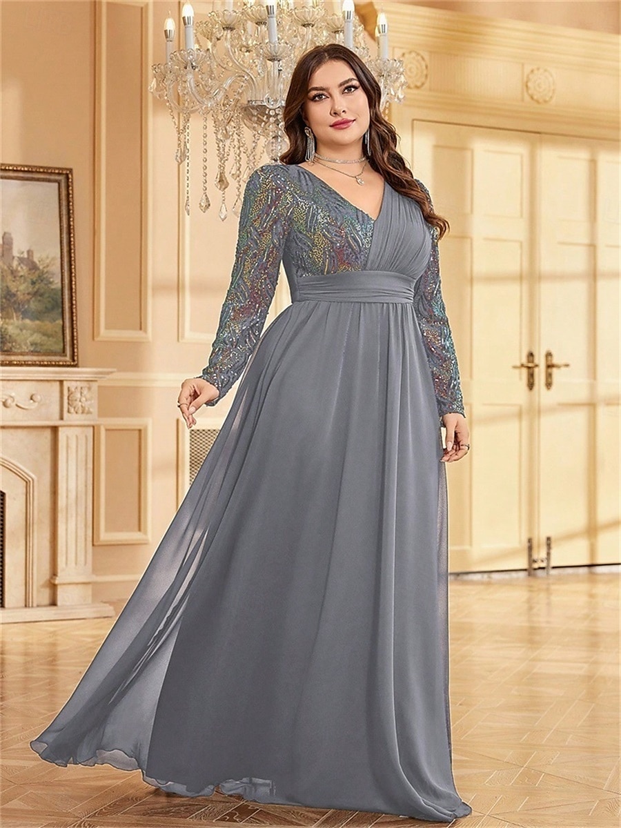 A-Line Plus Size Dresses Elegant Curve Dress Formal Wedding Floor Length Long Sleeve V Neck Chiffon with Sequin 2025 - $119.99 –P10