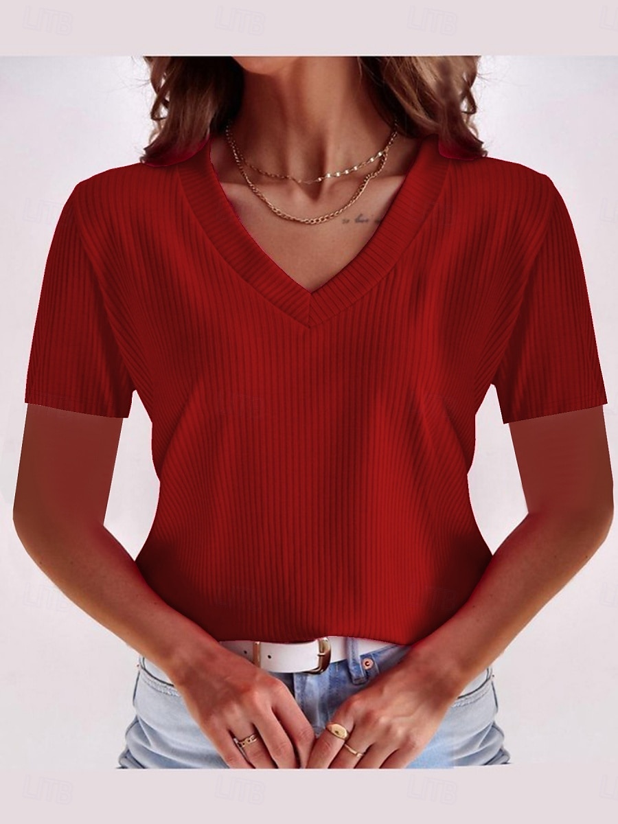 Femmes T-shirt Couleur Unie Mode Élégant Classique Manche Courte Col en V Hauts Réguliers Quotidien Week-end Noir Vin Rouge Bleu Fuchsia Été de 2025 ? $18.99 –P8