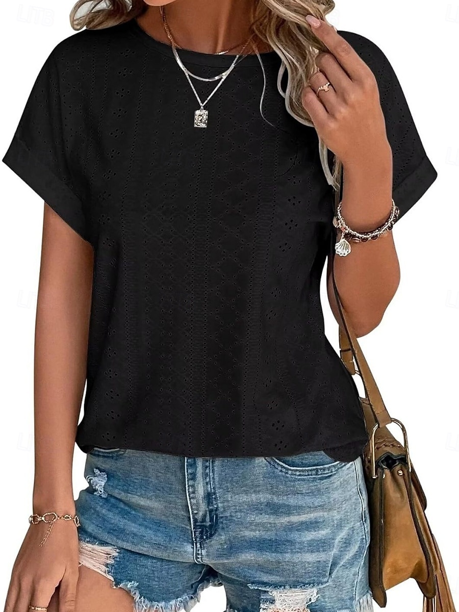 Femmes T-shirt Uni Mode Élégant Classique Manche Courte Col ras du cou Hauts Réguliers Quotidien Week-end Œillet Noir Blanche Rose Claire Bleu Été de 2025 ? $14.99 –P8