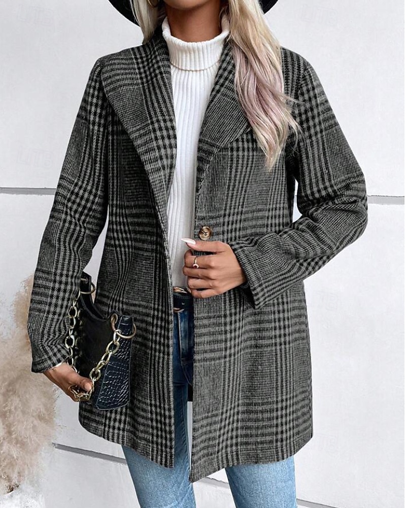 Women's Coat Warm Comfortable Buttons Casual Plaid Outdoor Holiday Single Breasted Regular Turndown Regular Fit Long Sleeve Outerwear Red Camel Gray Fall Winter 2025 - $34.99 –P2