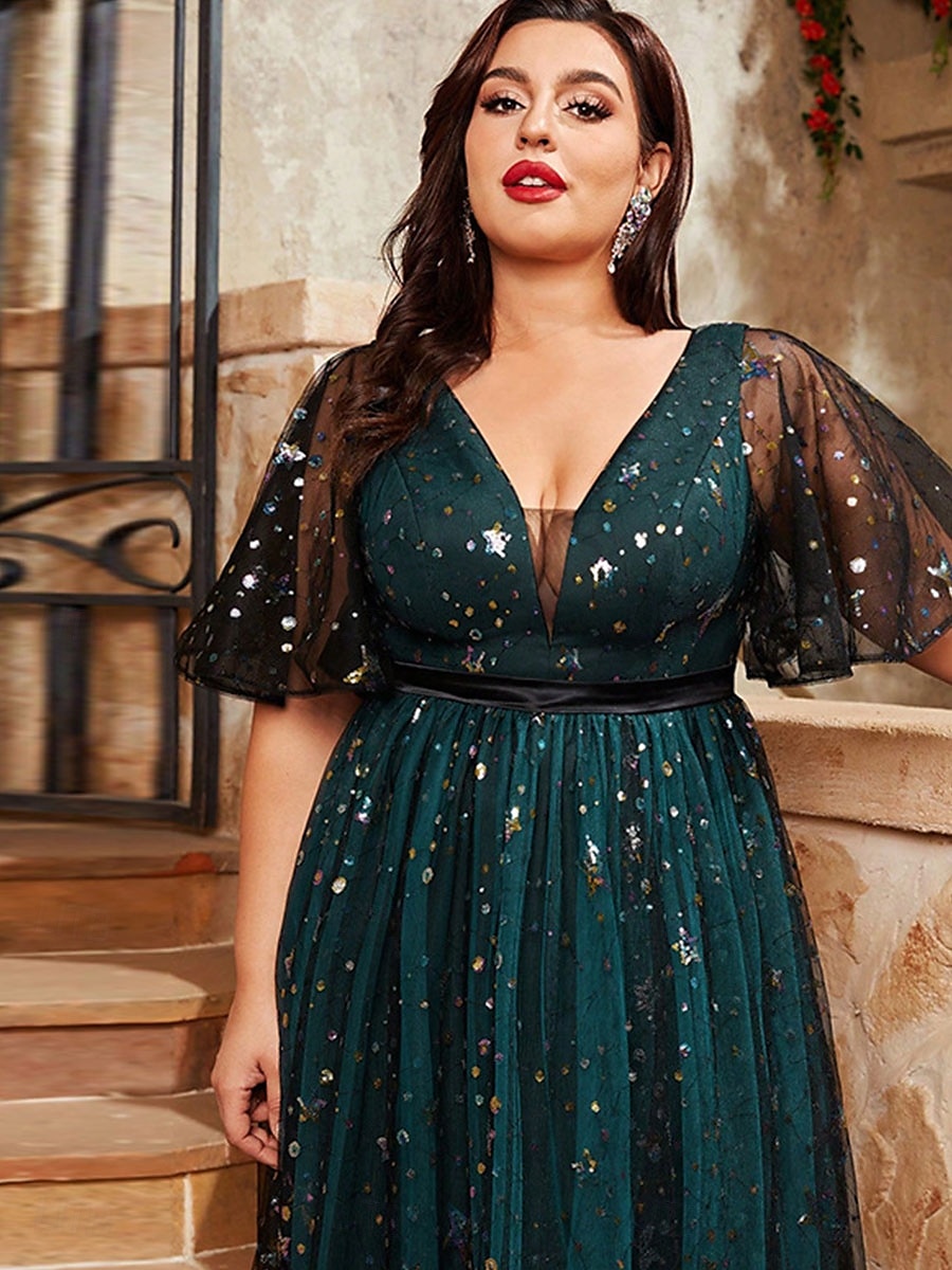A-Linje Kvällsklänning Elegant Klänning Formell Bröllop Golvlängd Kort Ärmm V-Neck Tyll med Fällningar 2025 - $129.99 –P5