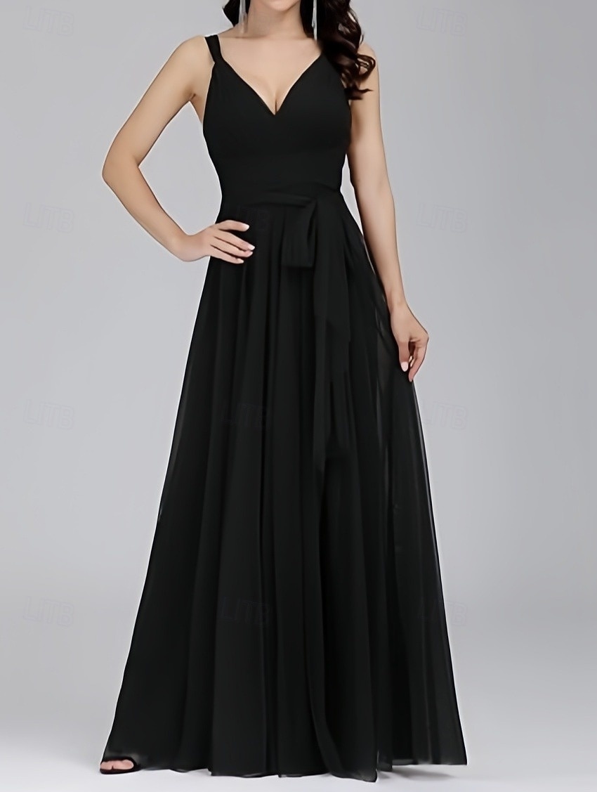 Robes D'invitée de Mariage A-Ligne Élégante Robe D'invitée de Mariage Engagement Longueur Totale Sans Manches Décolleté V Mousseline avec Plis Papillon de 2025 ? $156.99 –P1