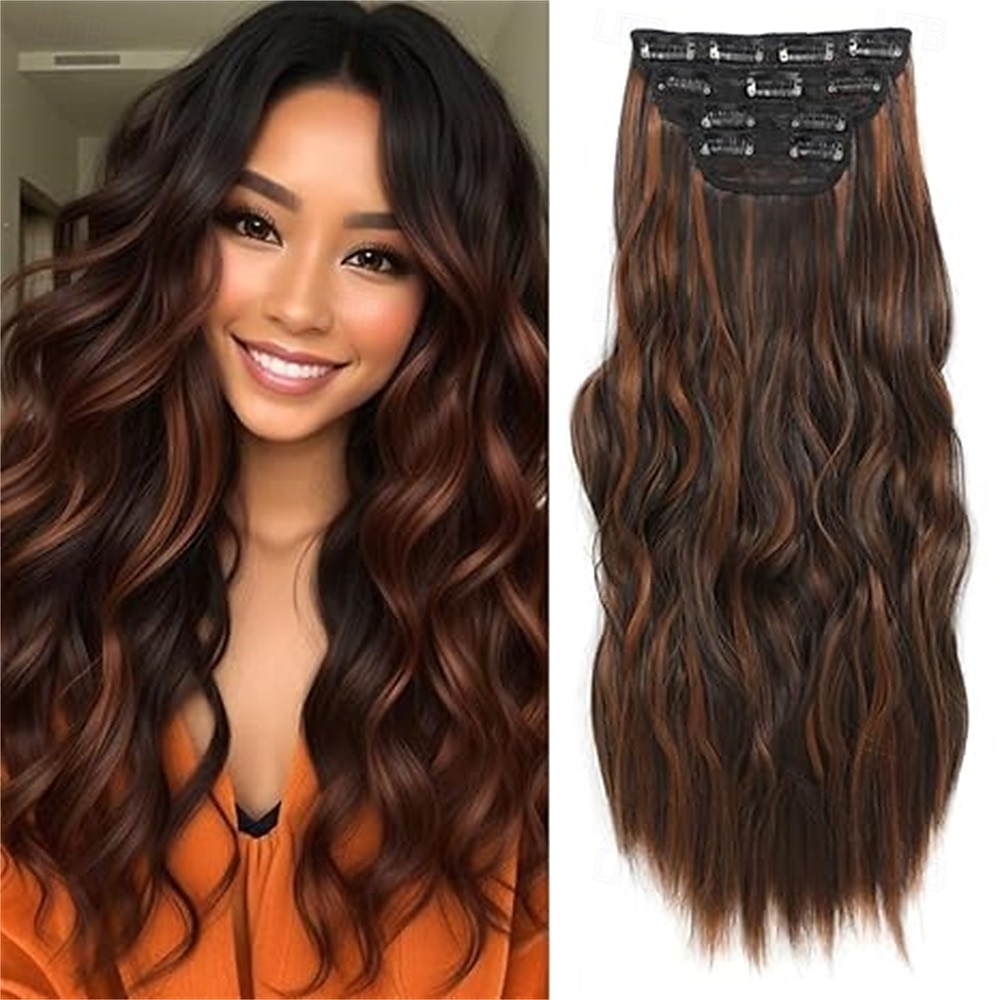 Clip in extensões de cabelo extensões de cabelo longo ondulado 4 peças castanho médio com mechas loiras clip ins para mulheres grossas &apliques de cabelo sintético para cabeça inteira de 2025 por $26.99 –P2