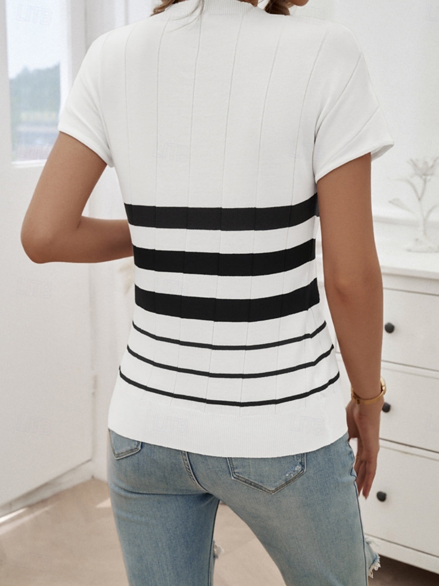 Dame Bluse Stripet Stilfull Fritid Kortermet Crew-hals Vanlige topper Daglig Lapper Svart Hvit Brun Kakifarget Sommer 2025 - $28.99 –P11