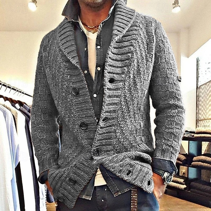Men's Sweater Cardigan Sweater Cable Knit Regular Tops Knitted Plain Shawl Collar Modern Contemporary Casual Casual Daily Wear Clothing Apparel Fall Winter Black Navy Blue S M L 2025 - $37.99 –P3