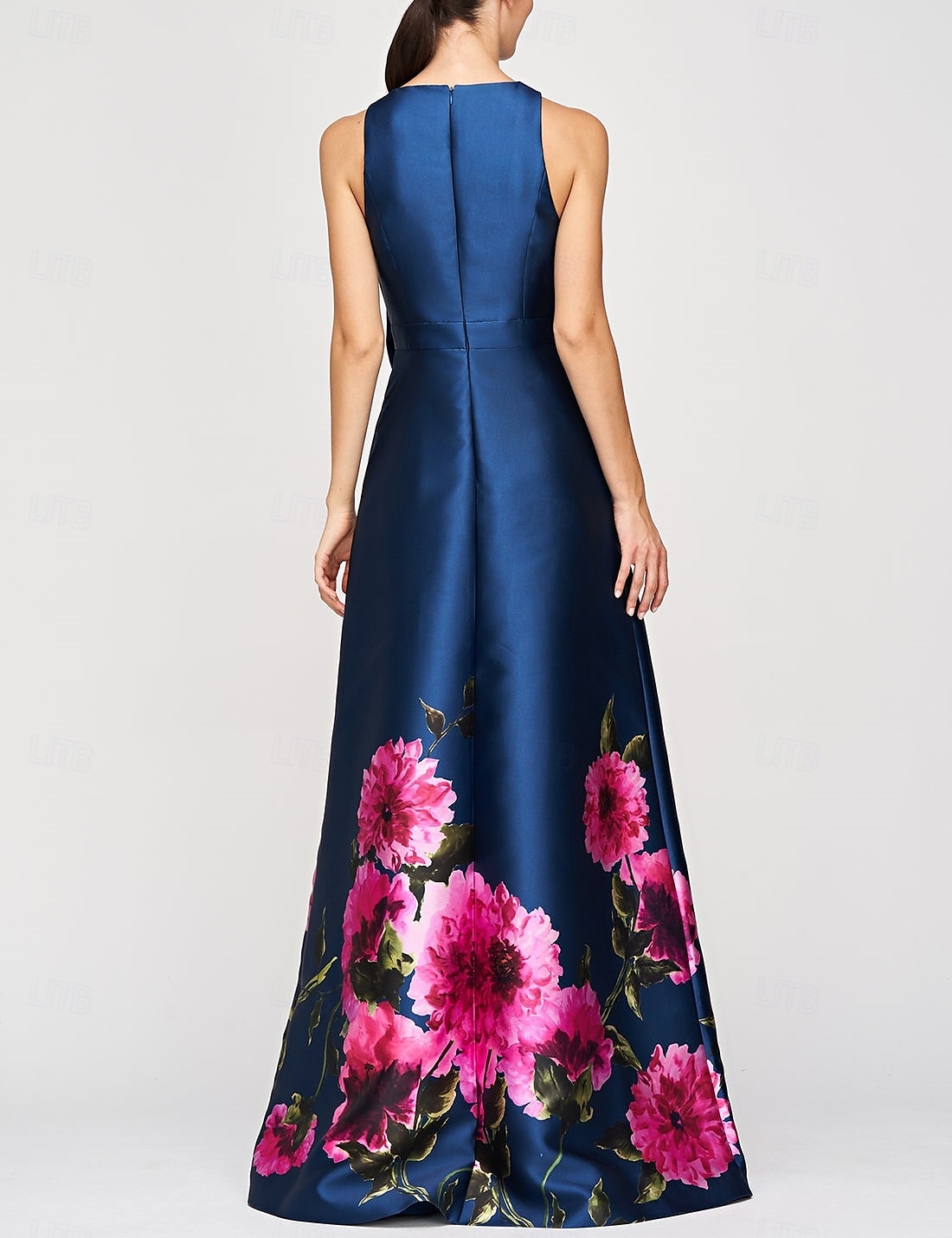 Blue A-Line Evening Gown Elegant Dress Formal Wedding Floor Length Sleeveless High Neck Pocket Satin with Floral Print 2025 - $149.99 –P3