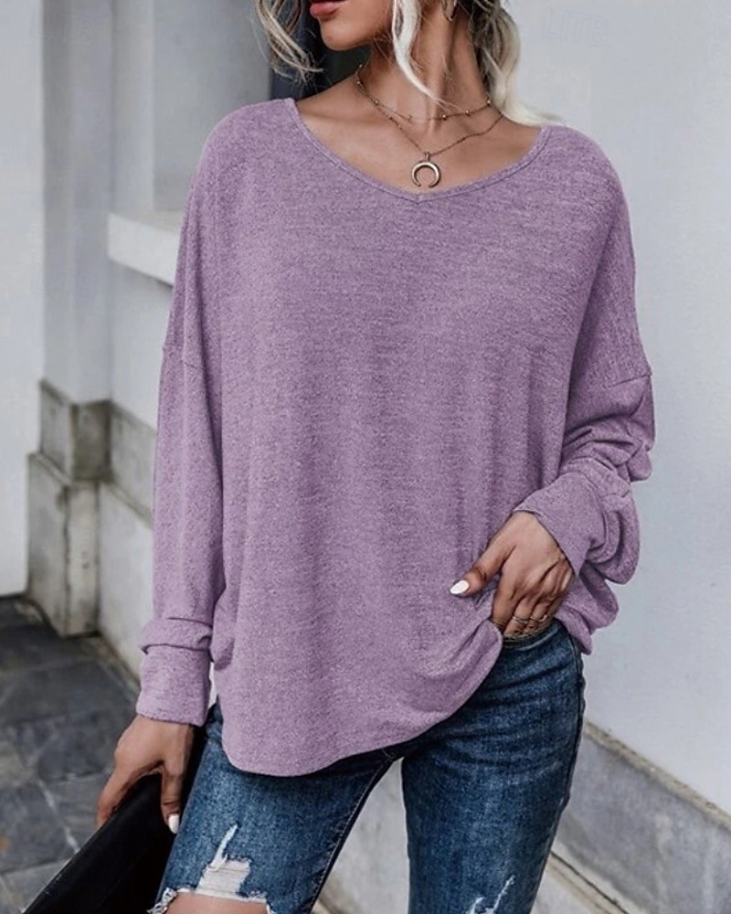 Femmes Chemisier Uni Occasionnel manche longue Col en V Hauts Réguliers Quotidien Fête Sortir Ourlet asymétrique Bleu Poudré Violet Bleu clair Été de 2025 ? $21.99 –P2