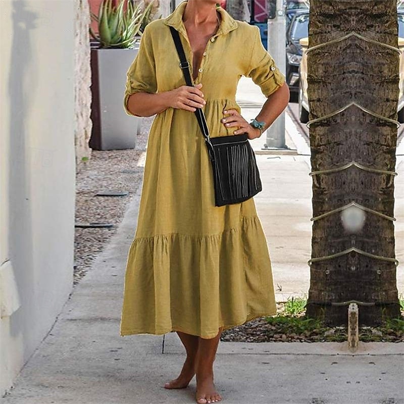Per donna Abito Midi Vestito Casual Abito in cotone e lino Abito Estivo Moda Moderno All'aperto Data Weekend Vestibilità regolare Semplice Senza Maniche Colletto a Camicia Giallo Vino Verde militare del 2025 a $36.99 –P5