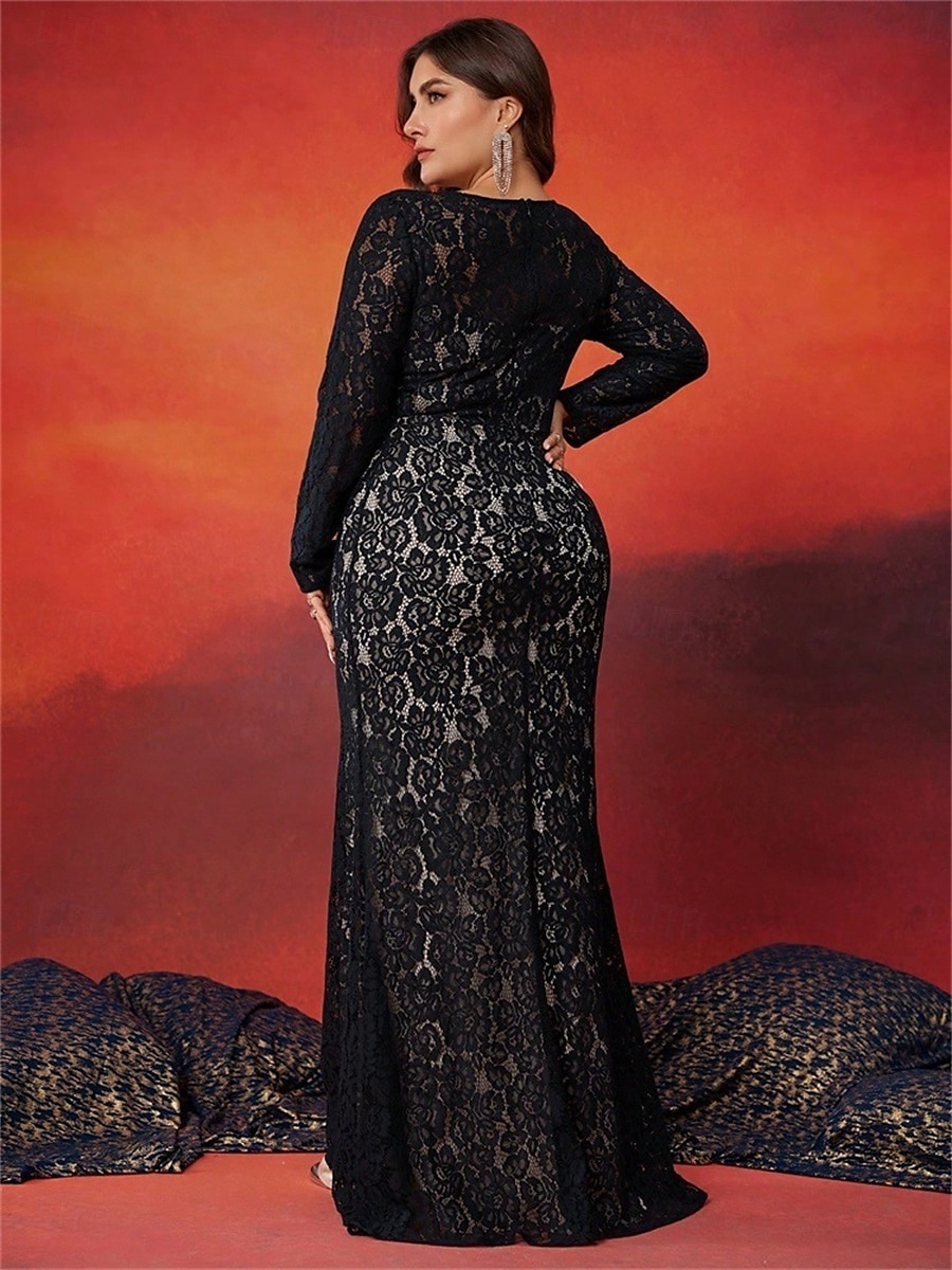 Meerjungfrau  Trompete Plus Size Kleider Elegantes Kurven Kleid Formelle Hochzeit Bodenlänge Langarm Rundhalsausschnitt Spitze mit Schlitz 2025 - $109.99 –P6