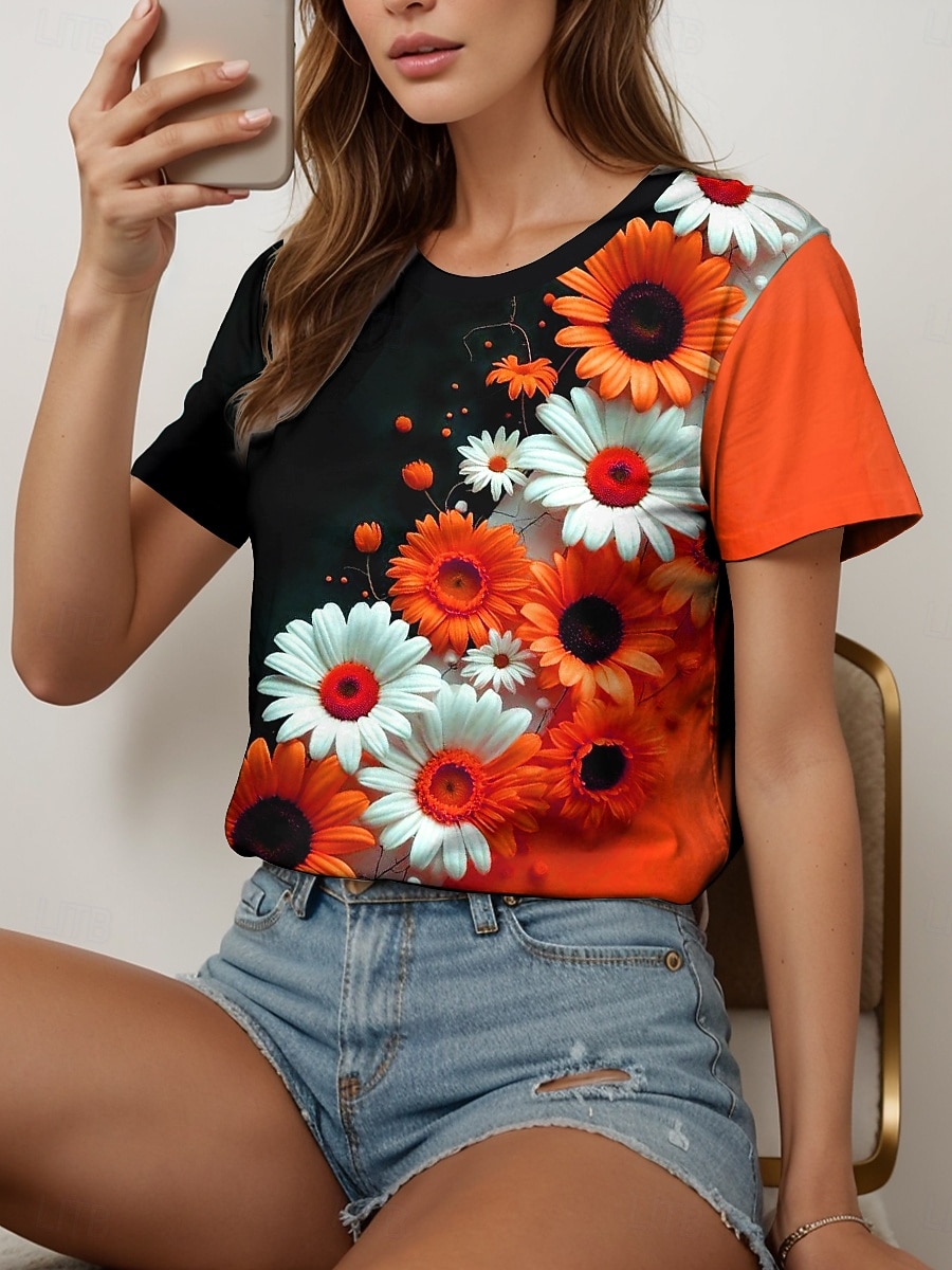 Femmes T-shirt Fleuri Graphique Plantes ancien Élégant Classique Manche Courte Col ras du cou Col rond Hauts Réguliers Quotidien Imprimé Noir et blanc Jaune Bleu Violet Fuchsia Été Printemps de 2025 ? $21.99 –P7
