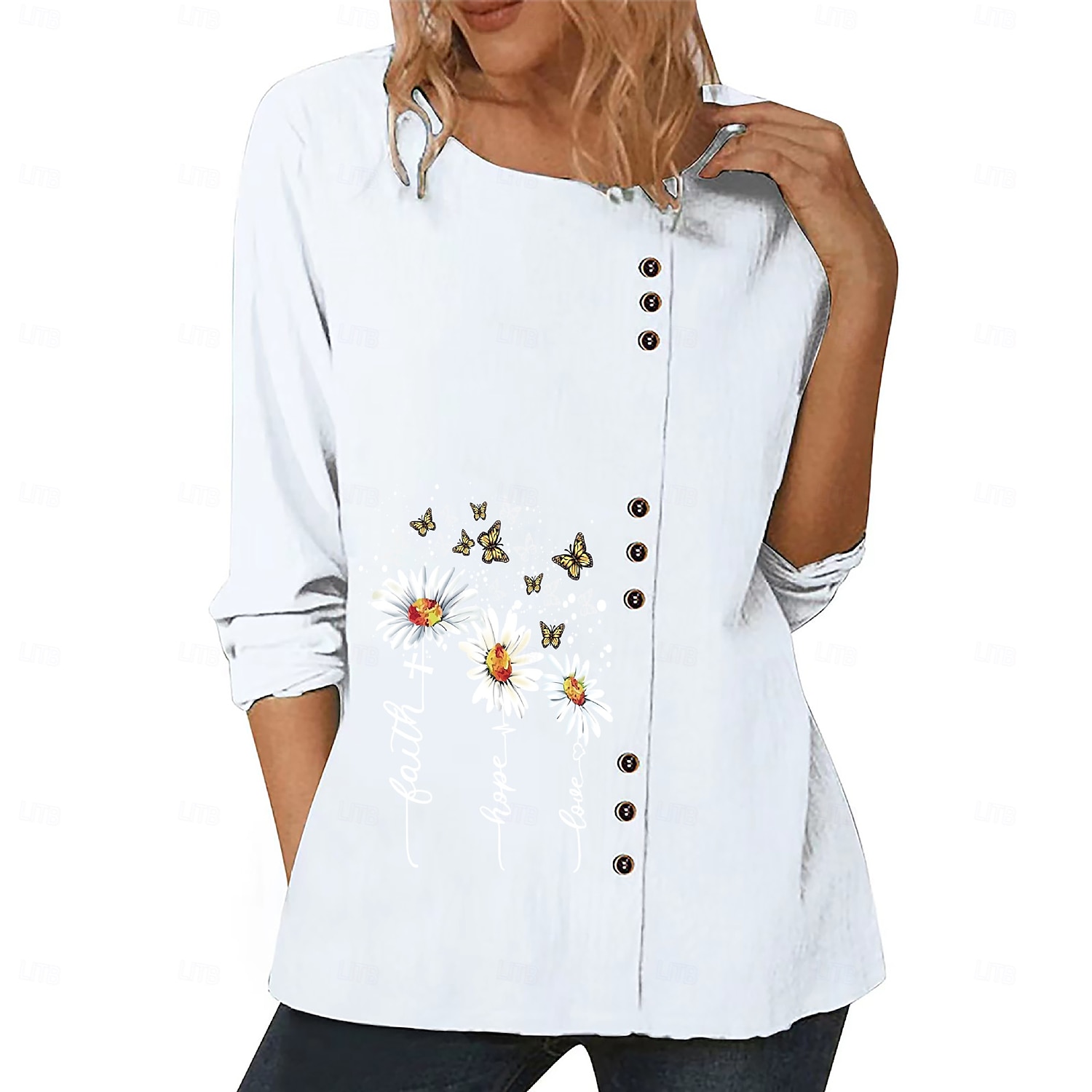 Chemisier femme coton lin fleuri élégant mode moderne manches longues col ras du cou régulier hauts quotidien sortie week-end blanc bleu bleu foncé automne de 2025 ? $19.99 –P4