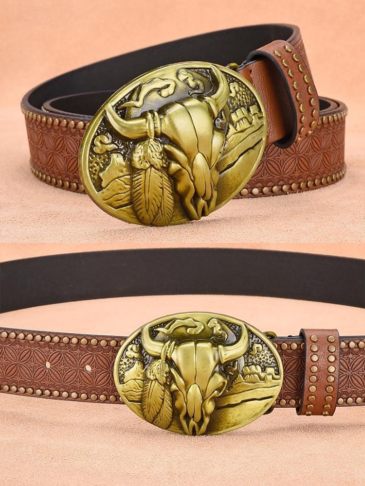 męski pasek ze sztucznej skóry w stylu western z brązową klamrą w kształcie czaszki byka, idealny do codziennych i kowbojskich strojów 2026 - $19.99 –P4