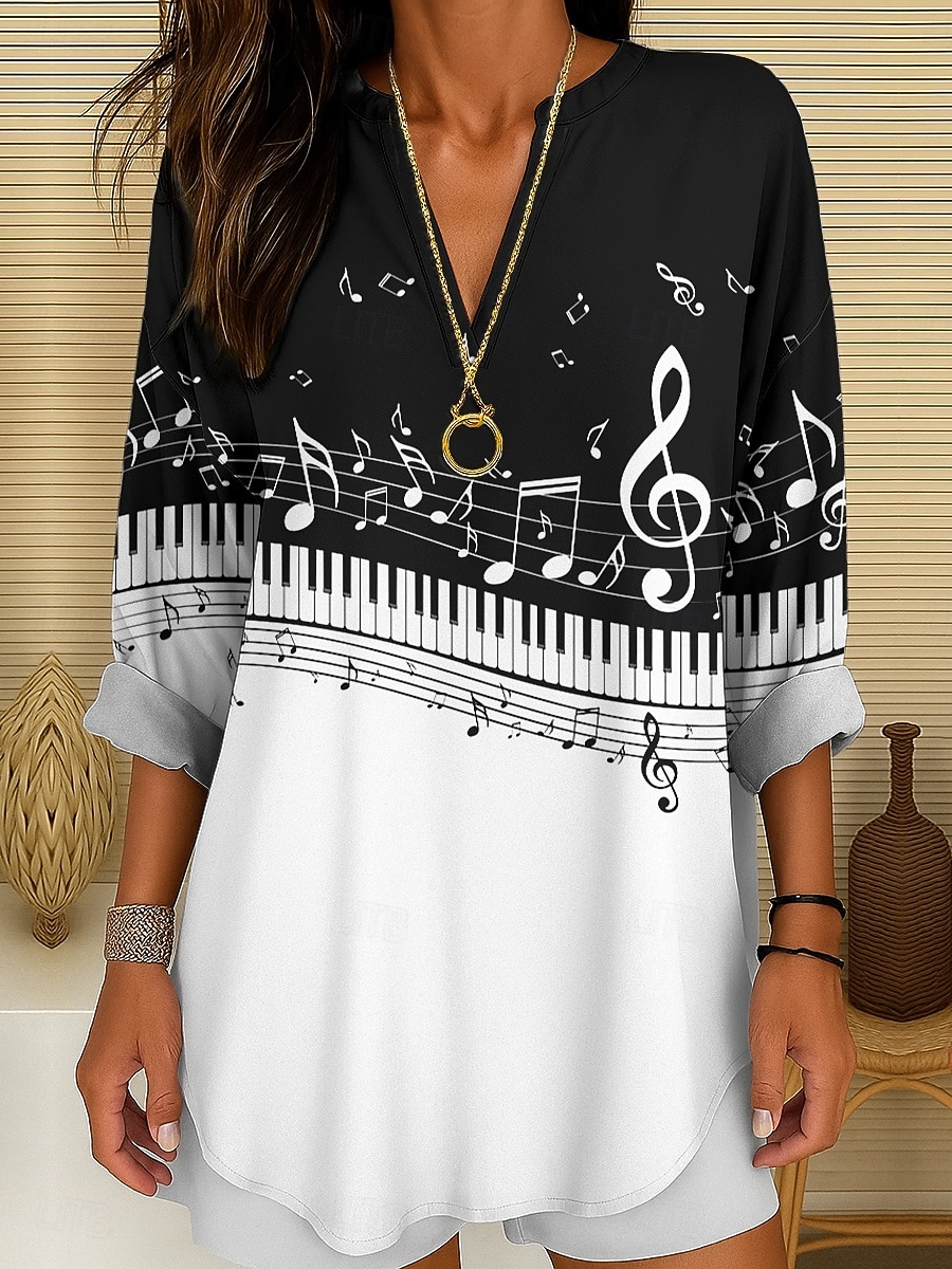 Túnica de Blusa para Mujer Festival de Música Cuello en V Manga Larga Boho Casual Tops Gráfico Geométrico Elegante Vintage Tropical Tops Regulares Impresión Diaria Blanco Y Negro 2025 - $27.99 –P1
