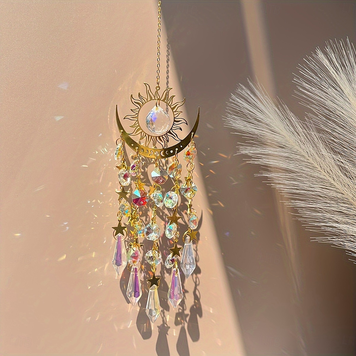 Crystal Sun Catcher Golden Flame Moon Hanging Ornament, AB Color Window Hanging Decor for Indoor Outdoor Garden Courtyard Bedroom, Suncatcher for Window Light Prism Decoration 2025 - $18.99 –P7