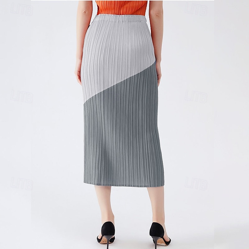 Dam Kjol Elegant Vintage Mode Ledigt Midi Medium Midja Kjolar Färgblock Rynkad Lappverk Asymmetrisk nederkant Elastisk Semester Fest Ljusgrå Sommar Polyester 2025 - $69.99 –P2