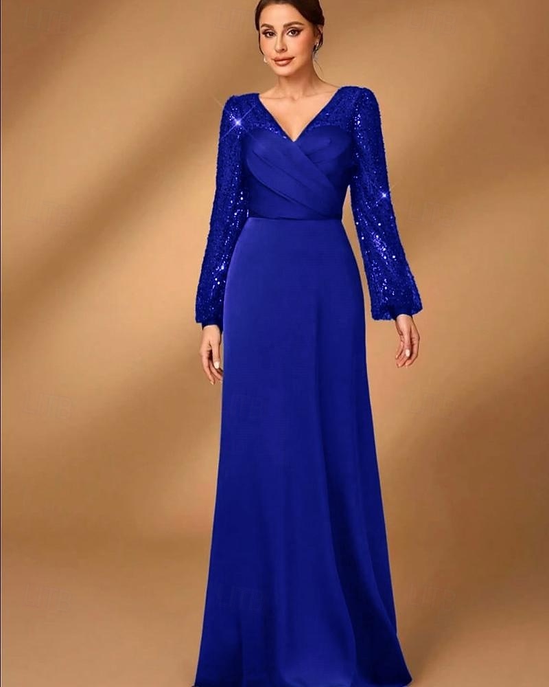A-Line Mother of the Bride Dress Elegant Simple Minimalist V Neck Floor Length Satin Sequined Long Sleeve with Pleats 2025 - $145.99 –P6