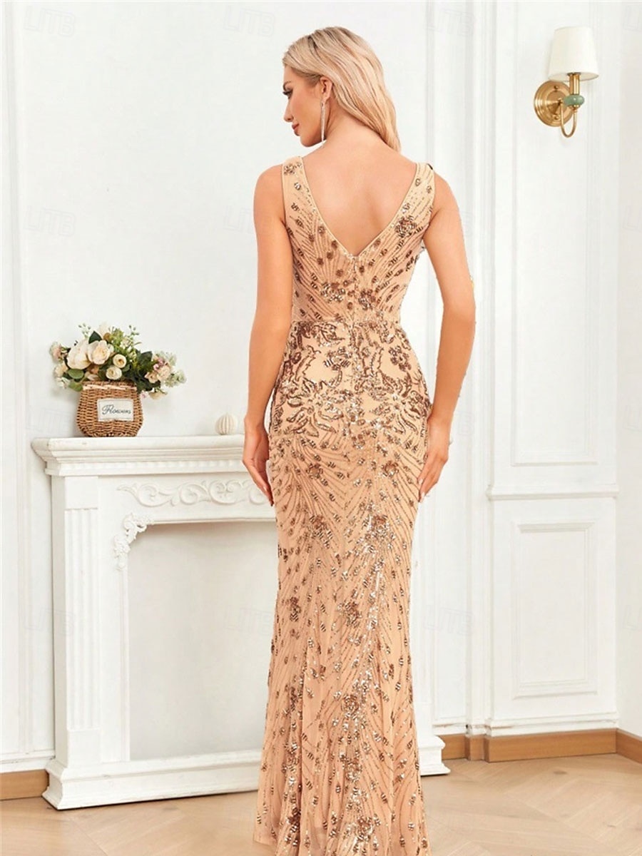 Robe de quinzième anniversaire sirène  trompette élégante robe formelle invitée de mariage longueur sol sans manches décolleté en V sequins dos en V avec fente en sequins de 2025 ? $109.99 –P2
