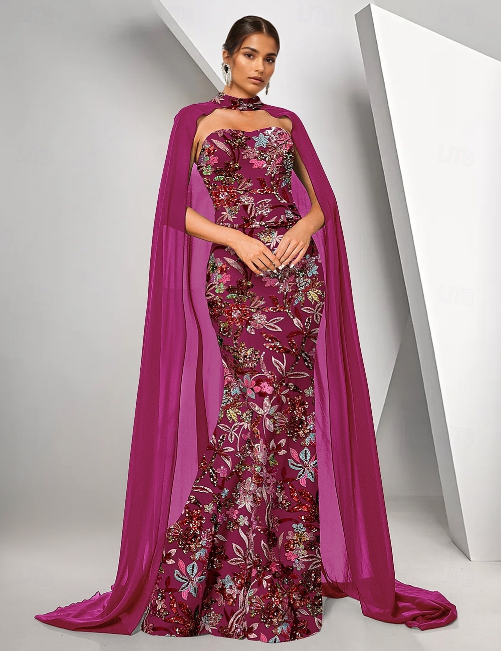 Lichtblauwe Cape Jurk Zeemeermin  Trompet Avondjurk Elegante Jurk Formele Bruiloft Vloerlengte Mouwloos Strapless Stretch Crepe met Beading Kant 2025 - $179.99 –P9