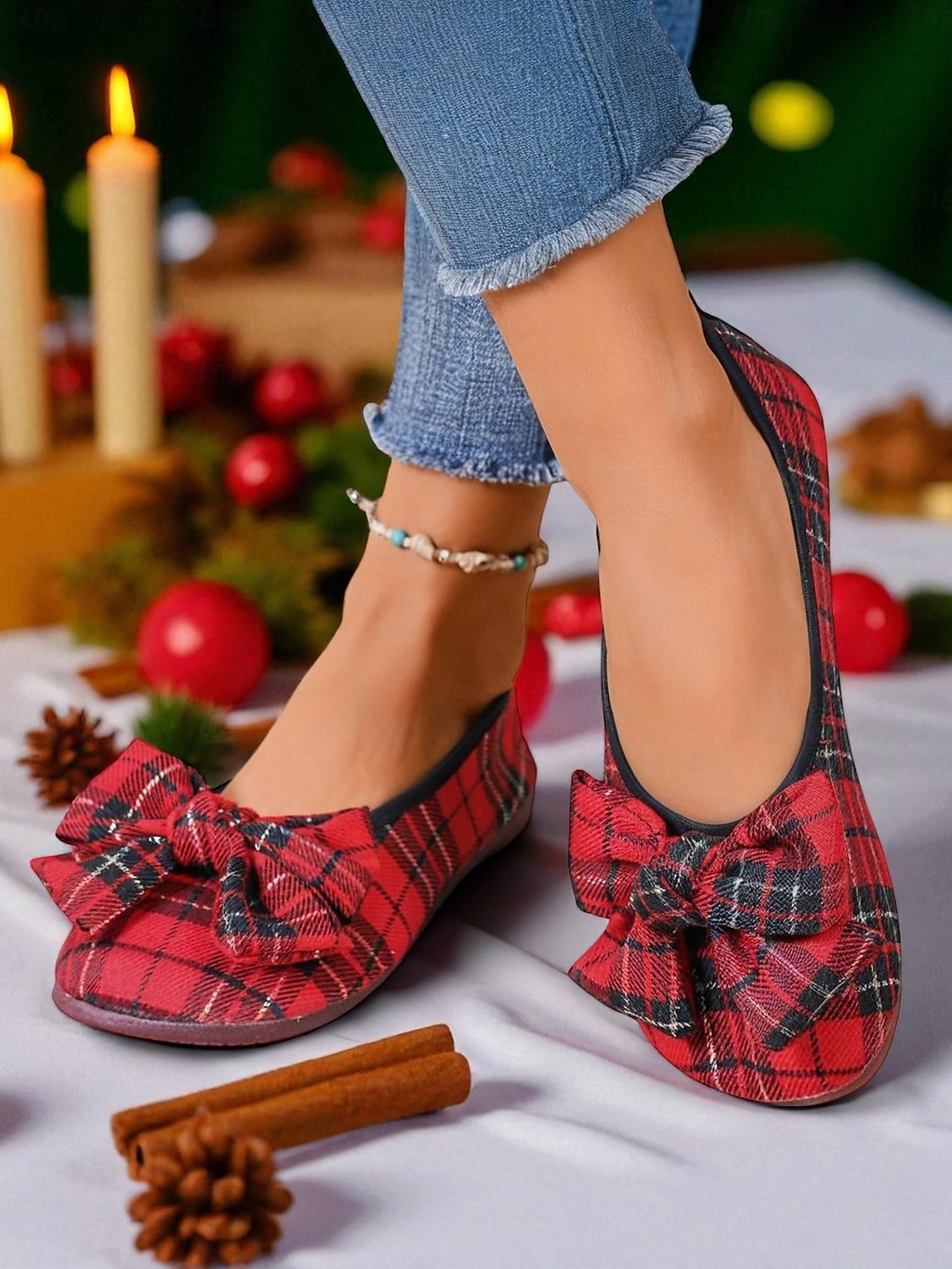 Ballerinas mit roter Schottenkaro-Schleife für Damen – Festtags-Ballerinas für Weihnachtsfeiern, Teepartys im Garten und gemütliche Abende 2025 - $19.99 –P5