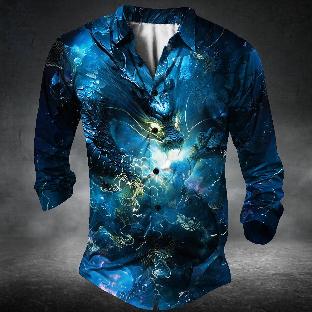 Homme Animal Dragon 3D Chemise Chemise Boutonnée manche longue Style gothique sombre Fête Vêtements de rue Été Printemps Col Rabattu Impression 3D chemises à col Bleu de 2025 ? $25.99 –P1