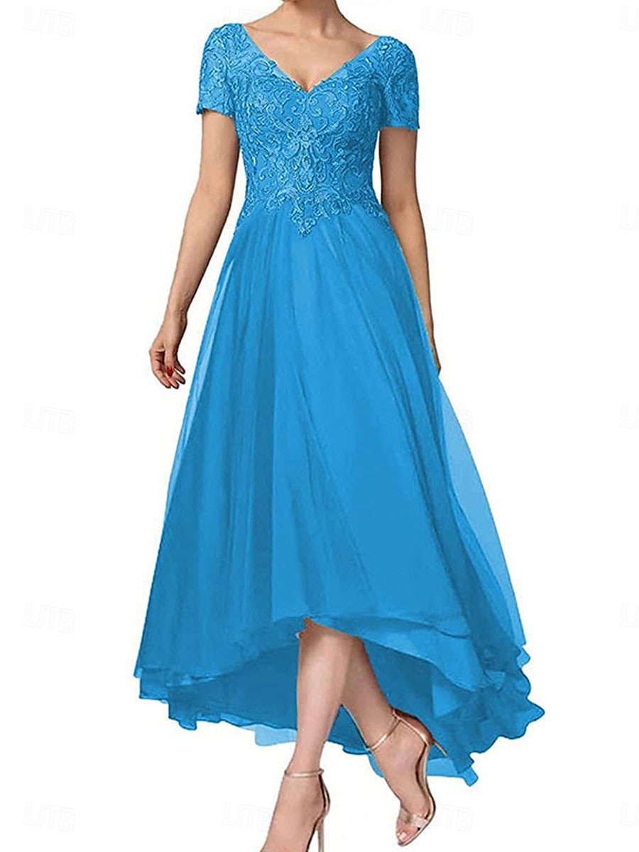 A-line šaty pro matku nevěsty elegantní V výstřih asymetrický chiffon krátký rukáv s jednobarevným provedením 2025 - $119.99 –P4