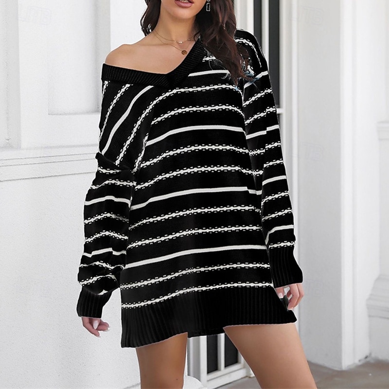 Femmes Mini Robe Robe Pull Robe occidentale Mode Extérieur Soirée Fête Coupe régulière Rayé manche longue Col en V Noir Automne de 2025 ? $25.99 –P2