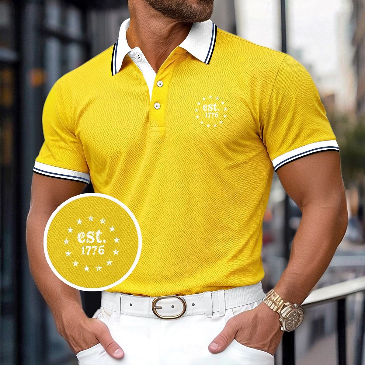 Férfi Golfing Hétköznapi Sport Hajtóka Bordás pólógallér Rövid ujjú Alap Modern Színes Sas Kollázs Gombok Nyár Sárga Rubin Sötétkék Szürke Golfing 2025 - $23.99 –P1