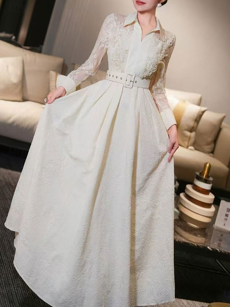 A-Linie Brautmutter Kleid Eleganter Hemdkragen Knöchellang Polyester Langarm mit Spitze Gurt  Band 2025 - $139.99 –P16