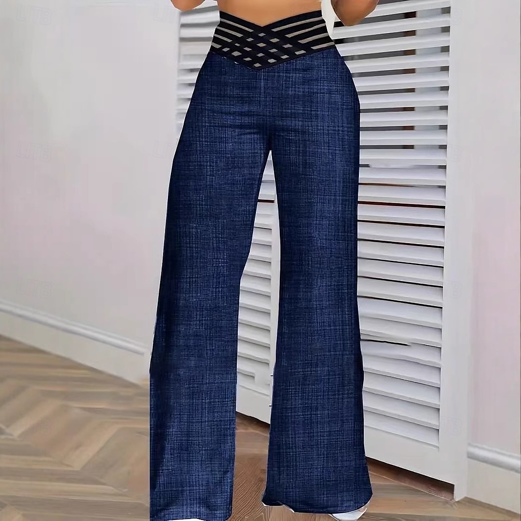 Femmes Culottes Jambe Large Chinos Vacances ancien Style Ethnique Longueur complète Taille haute Couleur Unie Trou Confortable Respirant Doux Micro-Élastique Extérieur Vacances Occasionnel Bleu de 2025 ? $14.99 –P3
