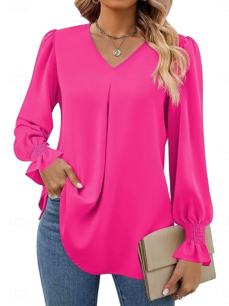 Damen Hemd Einfarbig Einfach Elegant Stilvoll Basic Langarm V Ausschnitt Einkerbiger Ausschnitt Normale Oberteile Arbeit Täglich Ferien Rüsche Rosa Rote Königsblau Orange Khaki Frühling Herbst Winter 2025 - $19.99 –P6