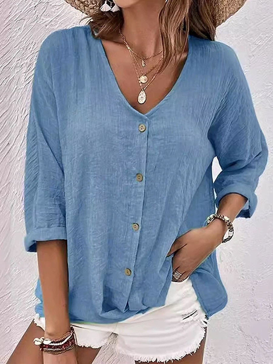 Women's Shirt Blouse Solid Color Plain Bohemia Daily Stylish 3/4 Length Sleeve V Neck Regular Tops Daily Holiday Going out Buttons Sage Green Blue Khaki Rose Pink Summer Spring Fall 2025 - $19.99 –P1