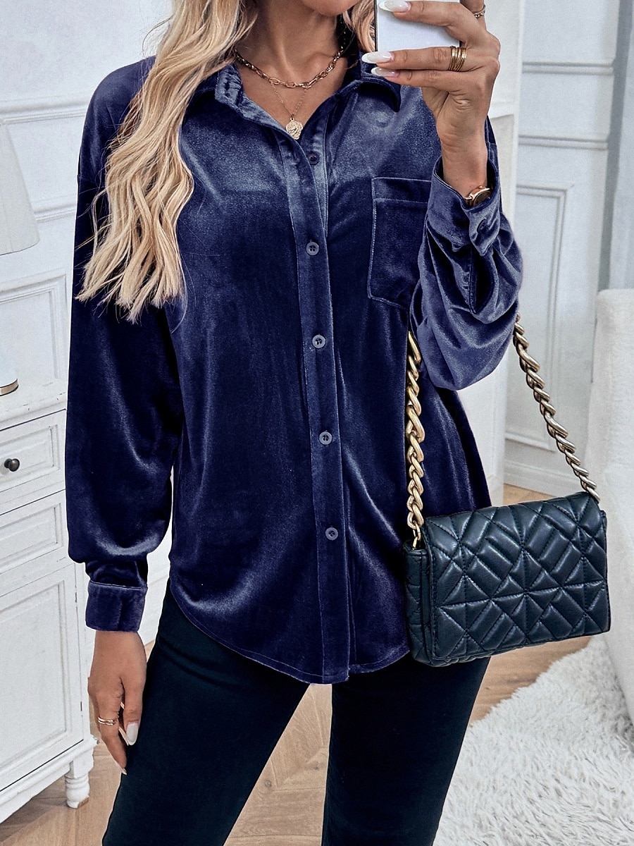Damen Hemd Einfarbig Elegant Stilvoll Lässig Langarm Hemdkragen Normale Oberteile Täglich Knöpfe Rote Blau Braun Grün Sommer Frühling 2025 - $32.99 –P21