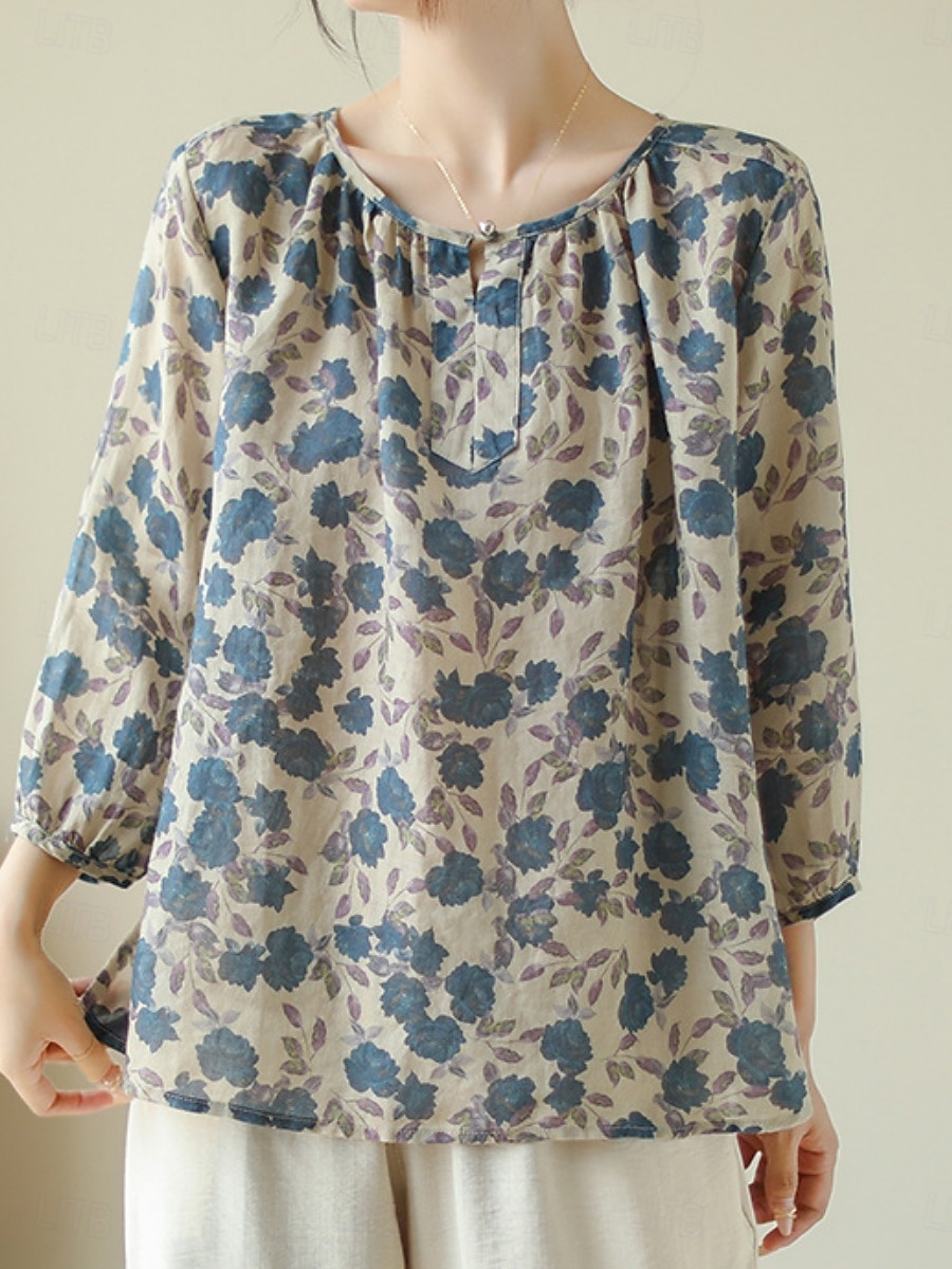 Pentru femei Cămăși Bumbac In Floral De Bază Casual Lungime Manșon 3/4 Stil Nautic Topuri obișnuite Zilnic Imprimeu Albastru piscină Vară 2025 - $18.99 –P5