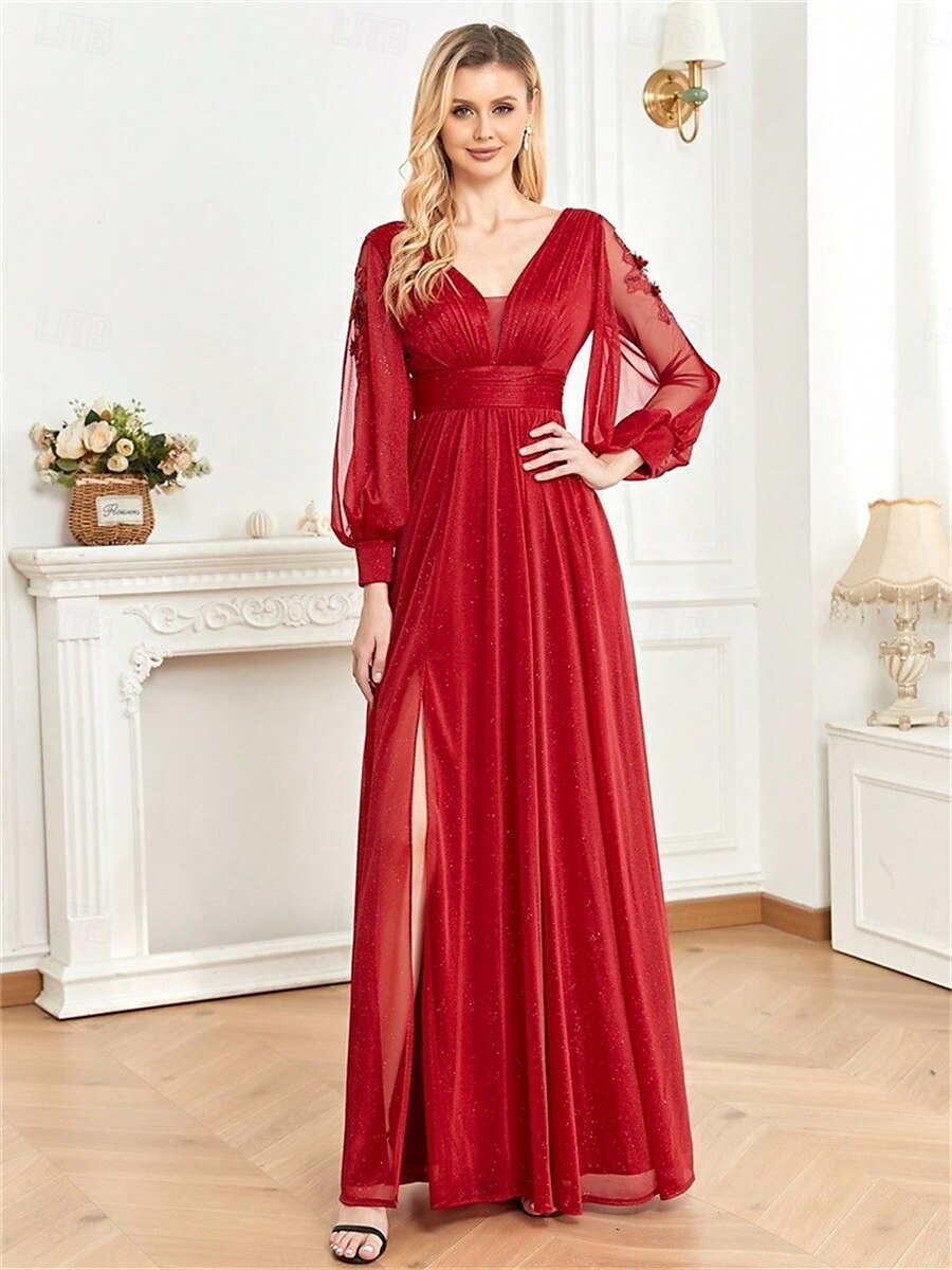 A-vonal Quinceanera Ruhák Elegáns Ruha Formális Esküvői Padló Hosszúságú Hosszú Ujjú V Nyak Sifon V Hátsó Ráncokkal Hasítékkal 2025 - $99.99 –P11