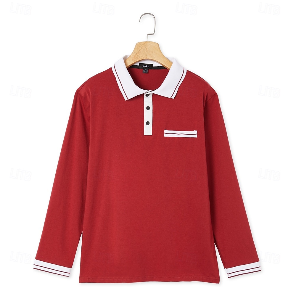Herren Poloshirt Polos mit Knöpfen Casual Sport Kargen Langarm Modisch Basic Farbblock Taste Tasche Frühling & Herbst Regular Fit Marineblau Wein Dunkelgrau Hellgrau Poloshirt 2025 - $20.99 –P5