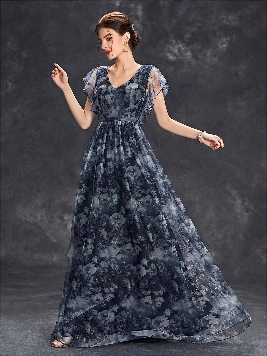 Abiti Quinceanera A-Line abito elegante formale lungo senza maniche scollatura a V in chiffon con stampa floreale del 2025 a $79.99 –P18