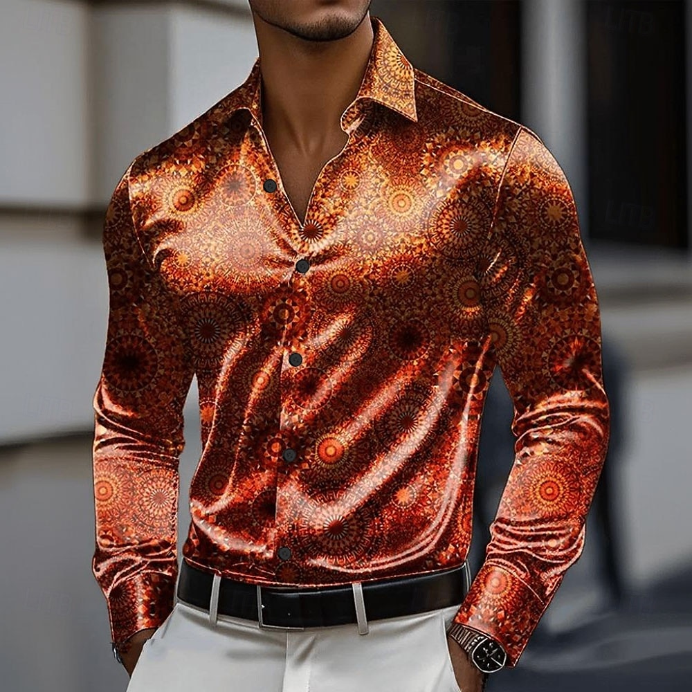Men's Floral Print Ethnic Flowers Satin Shirt Dress Shirt Button Up Shirt Long Sleeve Vintage Retro Vacation Holiday Summer Spring Fall Turndown Collared Shirts 3D Print Orange 2025 - $27.99 –P1