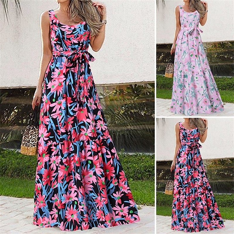 Femmes Robe Longue Maxi Robe Robe Décontractée Robe évasée Robe d'été Robe Nuisette Élégant Mode Moderne Quotidien Plage Week-end Coupe régulière Fleur Sans manches Col ras du cou Noir Blanche Rose de 2025 ? $20.99 –P1