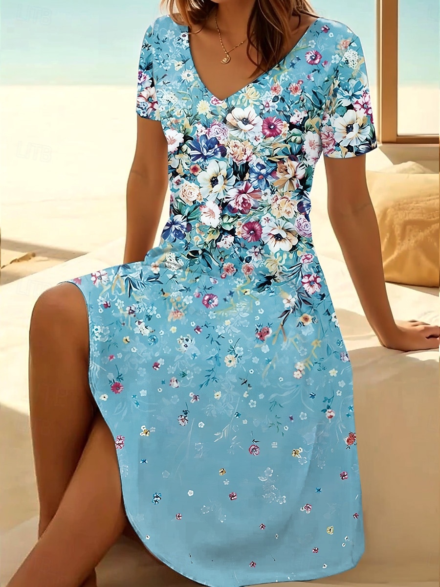 Damen Midikleid T-Shirt-Kleid Sommerkleid A Linie Kleid Urlaub Lässig Strand Ausgehen Strand Normale Passform Blumen Grafik Kurzarm V Ausschnitt Graues Rosa Hellgrün Blau Purpur Sommer Frühling 2025 - $23.99 –P2
