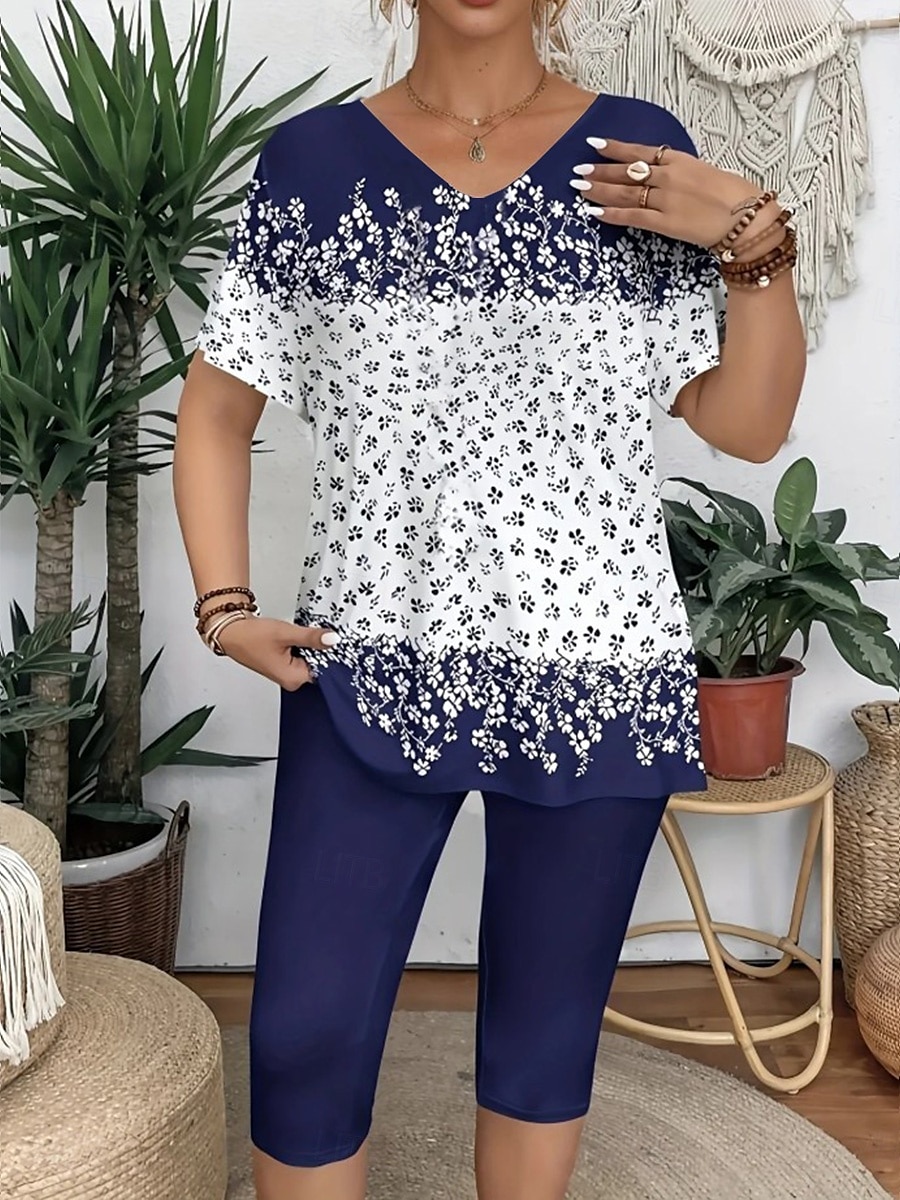 Femmes Mode T-shirt Ensembles de Shorts Manche Courte Col en V Fleuri Graphique Géométrique Imprimé Décontracté Quotidien Noir Bleu Roi Bleu Été Coupe régulière de 2025 ? $29.99 –P4