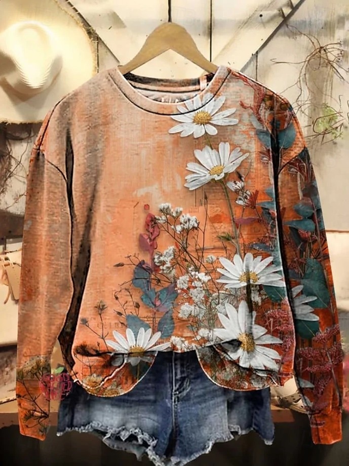Dame Genser med genser Blomstret Grafisk Fritid Langermet Crew-hals Vanlige topper Gate Hverdag Avslappet Trykt mønster Svart Rosa Blå Oransje Grå Vår Høst Vinter 2025 - $24.99 –P2