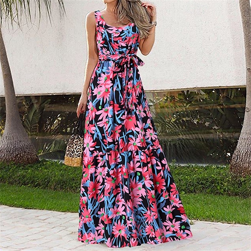 Femmes Robe Longue Maxi Robe Robe Décontractée Robe évasée Robe d'été Robe Nuisette Élégant Mode Moderne Quotidien Plage Week-end Coupe régulière Fleur Sans manches Col ras du cou Noir Blanche Rose de 2025 ? $20.99 –P5