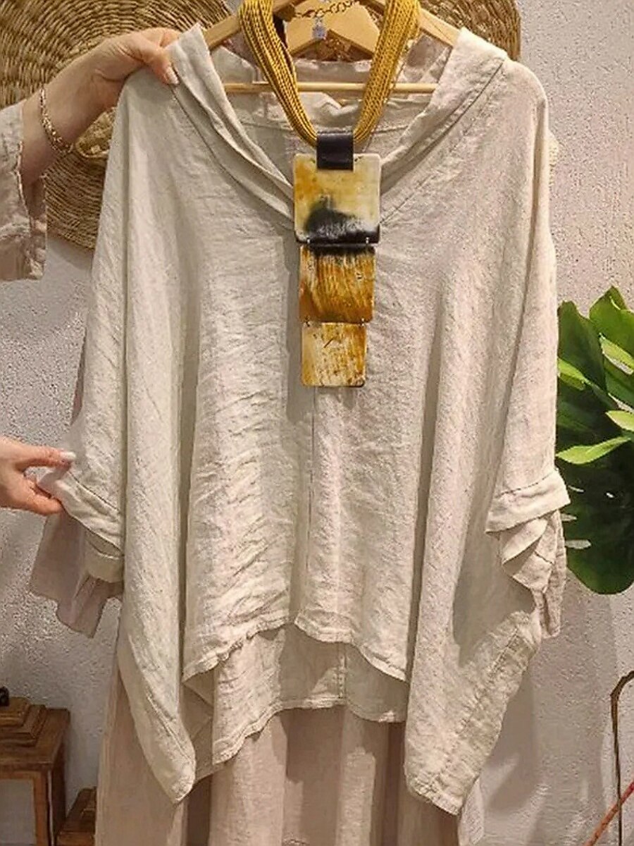 Femmes Chemises en coton et lin Couleur Unie Basique Occasionnel Manche 3/4 Col en V Hauts Longs Quotidien Noir Blanche Jaune Vert Véronèse bleu marine Été Printemps de 2025 ? $33.99 –P2